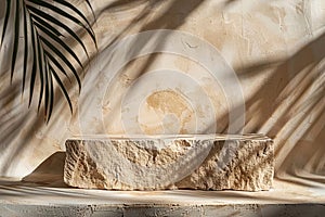 Beige stone podium with palm leaves shadows. Mock up for product, cosmetic presentation. Pedestal, platform for beauty