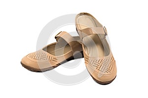 Beige suede sandal with belts women shoes, isolated on white background.