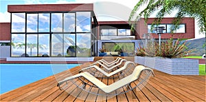 Beige sun loungers on a wooden deck near the pool in front of a modern stylish country house with a glazed facade. 3d render