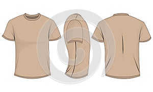 Beige t-shirt mens with short sleeves. Front, back, side view. Isolated on white background