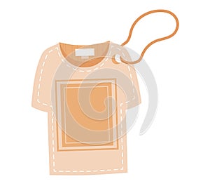 Beige t-shirt with price tag, blank label for your text. Simple clothing design, fashion retail concept. Clothes