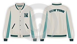 Beige teal varsity jacket front and back view