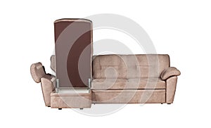 Beige thee-seat couch sofa isolated on white background