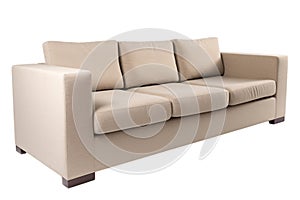 Beige three seater sofa isolated on transparent clear white background