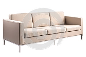 Beige three seater sofa isolated on transparent clear white background