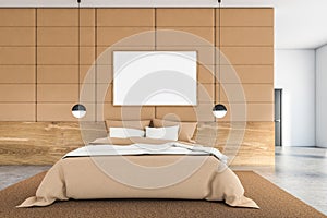 Beige tile and white bedroom interior with poster