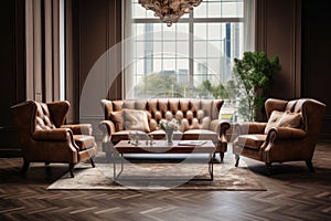 Beige tufted chesterfield sofa and brown wing chairs. Art deco interior design of modern living room