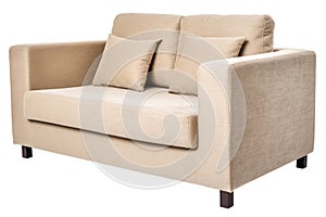 Beige two seater sofa isolated on transparent clear white background