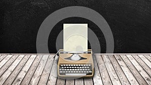 Beige typewriter with old paper blank frame with blackboard background