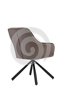 Beige velvet armchair isolated on white background. modern beige lounge back view. soft comfortable upholstered chair