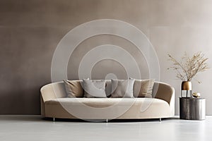 Beige velvet sofa against of grey stucco or concrete wall with beige round paneling. Minimalist interior design of modern living