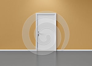 Beige wall with closed white door and shiny floor