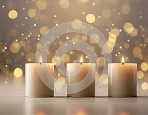 Beige or warm white color candles in festive bokeh background