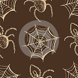 Beige webs and spiders on a brown background