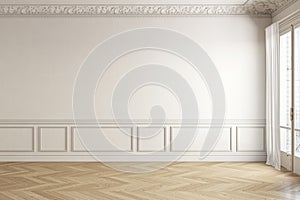 Beige-white classic empty interior with blank wall and moldings.