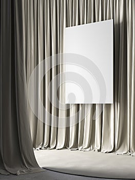 Beige white curtains, poster and carpet.