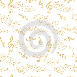 Beige and white seamless pattern with wavy music notes - vector