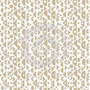 Beige and white Seamless repeat pattern with small empty circles, jagged lines of triangles, arcs and half a circle