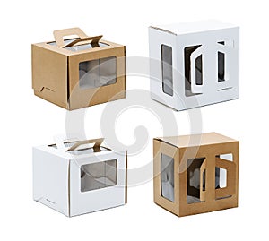 Beige and white windowed cardboard boxes with handles. Over white