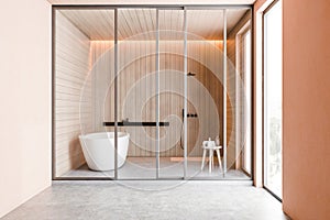 Beige and wooden bathroom, tub and shower