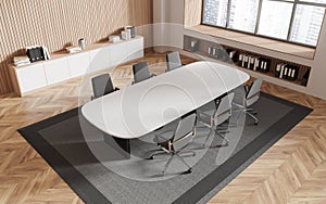 Beige and wooden meeting room, top view