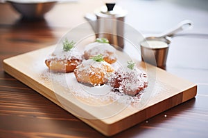 beignet trio dusted with powdered sugar on a wooden board