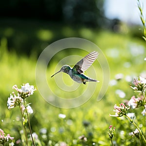 Beija flor voando em um campo florido e ensolarado photo