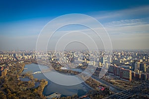 BEIJING, CHINA - 29 JANUARY, 2017: Incredible views over capitol city from top of old CCTV tower, buildings visible as