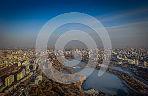 BEIJING, CHINA - 29 JANUARY, 2017: Incredible views over capitol city from top of old CCTV tower, buildings visible as