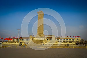 BEIJING, CHINA - 29 JANUARY, 2017: Monument for heroes, tall structure located on Tianmen square, beautiful blue sky