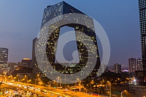 BEIJING, CHINA - AUGUST 28, 2018: Evening view of CCTV building in Beijing, Chi