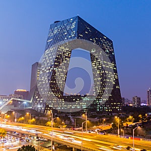 BEIJING, CHINA - AUGUST 28, 2018: Evening view of CCTV building in Beijing, Chi