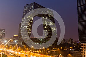 BEIJING, CHINA - AUGUST 28, 2018: Evening view of CCTV building in Beijing, Chi