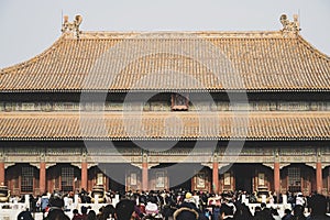 BEIJING, CHINA - DECEMBER 29, 2019. Hall of Supreme Harmony roof detail, Forbidden City, Beijing