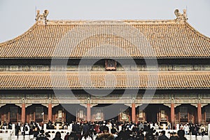 BEIJING, CHINA - DECEMBER 29, 2019. Hall of Supreme Harmony roof detail, Forbidden City, Beijing