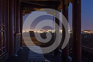 Night view of the Wanchun Pavilion at Jingshan Park in Beijing, China