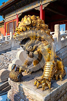 Lion sculptures at Qianqingmen gate in the Forbidden City in Beijing, China