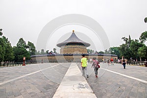 Beijing, China - May 26, 2018: View of people travel at Imperial Vault of Heaven or Huangqiongyu at The Temple of Heaven, Beijing