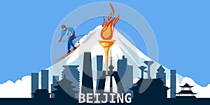 Beijing city skyline, silhouette, torch with flame, symbol sport games, skier. Winter mountaine landscape background