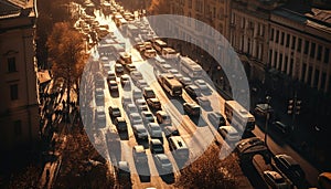 Beijing crowded streets illuminate with multi colored nightlife and traffic jam generated by AI