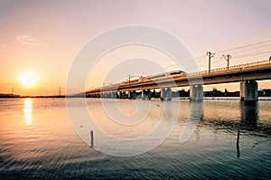 High-speed railway passes through rivers and lakes photo