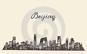 Beijing skyline vector engraved drawn sketch
