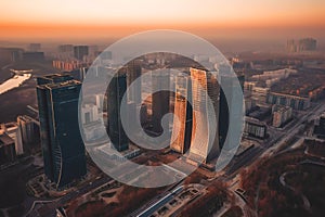 Beijing skyscrapers on sunset. Chinas Beijing City, aerial view.