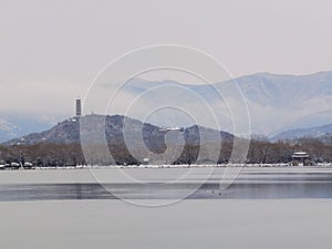 Beijing Summer Palace winter snow view, China