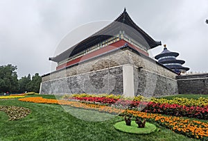 Beijing Tiantan park in fall season with flower blossom