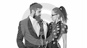 Being business romantic. Business partners in romantic relationship. Romantic partnership. Sexy woman flirt with bearded