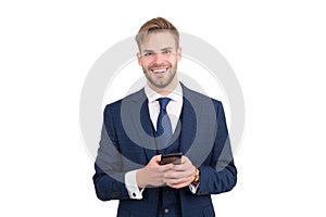 Being communicative. Happy employee send sms isolated on white. Business communication. Using new technology. Mobile