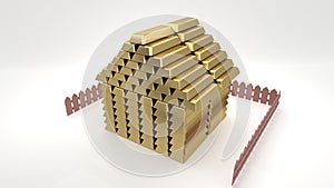 Small cartoon-like house made of golden bars on a white background, isolated photo