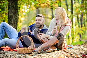 Being in love. love date and romance. Spring mood. camping and hiking. cheers. couple in love relax in autumn forest