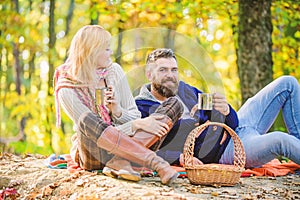 Being in love. love date and romance. Spring mood. camping and hiking. cheers. couple in love relax in autumn forest